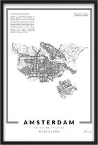 Poster Stad Amsterdam - A4 - 21 x 30 cm - Inclusief lijst (Zwart Aluminium) Citymap Amsterdam - Stadsposter - Plaatsnaam poster Amsterdam - Stadsplattegrond