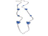 lange zilveren halsketting collier halssnoer gerhodineerd Model Vlinder en Bol met blauwe stenen