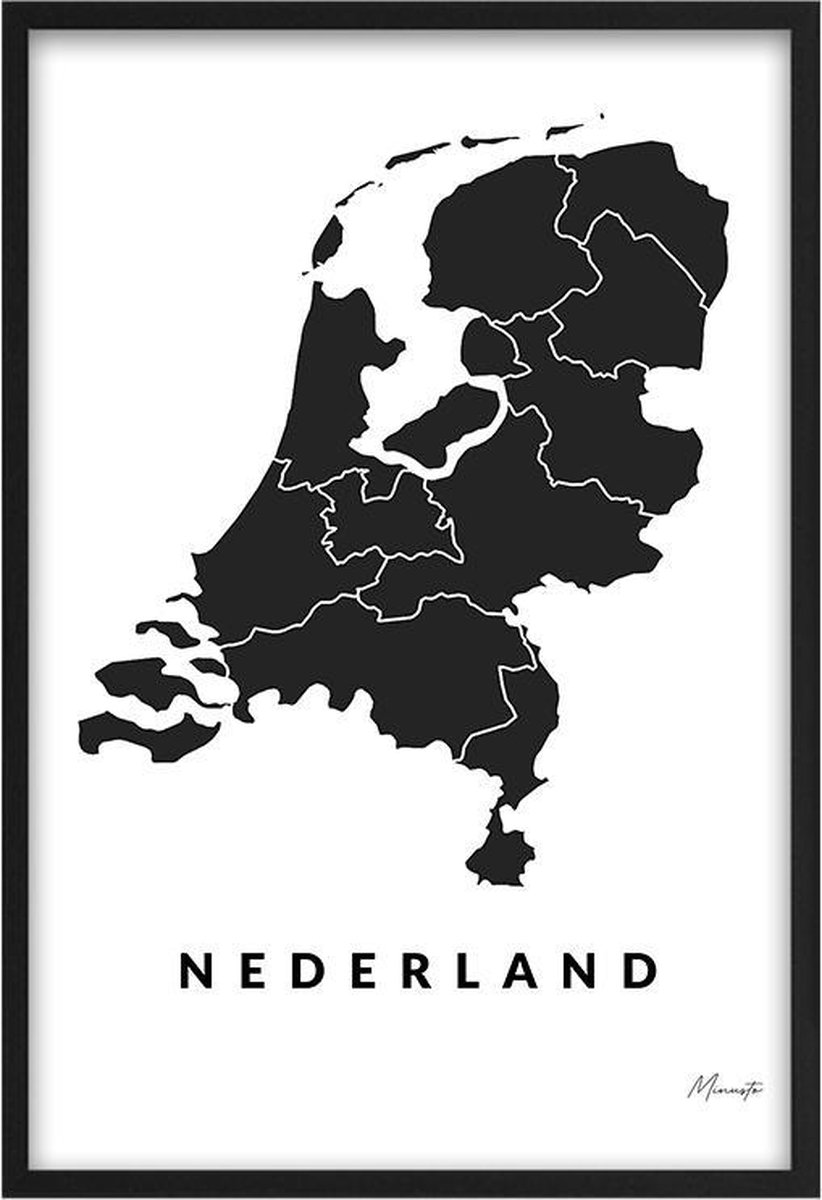 Poster Land Nederland - A4 - 21 x 30 cm - Inclusief lijst (Zwart Aluminium) Landkaart - Plattegrond Nederland - The Netherlands Map