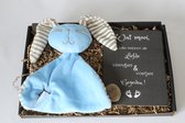 Brievenbus cadeau knuffelkonijn blauw - kraam cadeau jongen - tutknuffel - tekstbord