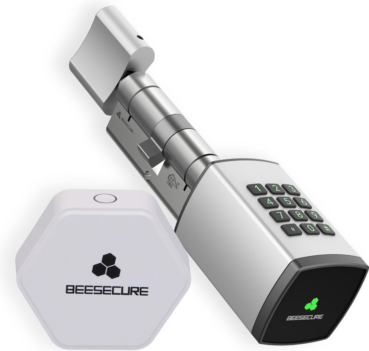 BeeSecure P1 en Hub| Smart Lock Pack | BEE-LOCK P1 Pack | Euro profielcilinder | Codeslot en Wifi | Elektronische deur | 35-35 mm | Zilver