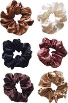 Scrunchies luxe haar elastiekjes set van 6 stuks Velvet Extra Vol en Luxe - haarelastiek haarwokkel - Haaraccessoires - Trendy Kleuren : Ecru - zwart - donkerbruin - goud - karamel