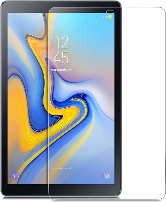 Samsung Galaxy Tab A 10.5 met gehard glazen screenprotector, met een tijd van 12:45.