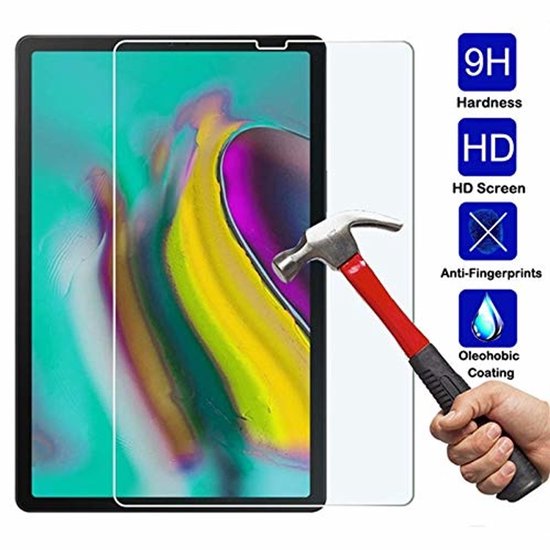 Een hamer slaat op een tablet met een geplaatste screenprotector, met iconen voor 9H, HD, Anti-vingerafdrukken en Oleofobische Coating.