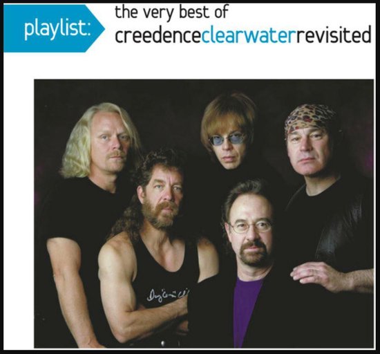 De band Creedence Clearwater Revisited, met vijf mannen, staat voor een donkere achtergrond. De titel "playlist: the very best of creedenceclearwaterrevisited" staat bovenaan.