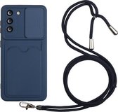 Voor Samsung Galaxy S21 5G Sliding Camera Cover Design TPU Beschermhoes met Card Slot & Neck Lanyard (Saffierblauw)