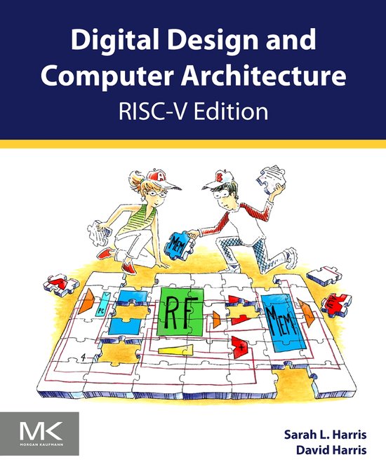 Boek: Digital Design and Computer Architecture, RISC-V Edition, met illustratie van twee studenten die puzzelstukken met 'RF' en 'MEM' leggen.