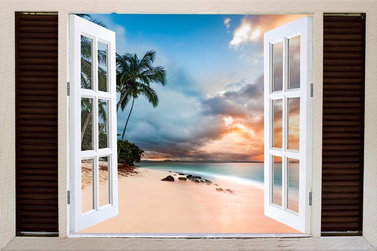 Tuindoek doorkijk openslaand venster naar een Tropisch / Eiland / Strand - 150x100cm - tuinposter - tuinposter doorkijkje – Doorkijk tuinposter - tuinposter doorkijk XL – Tuinposter Voor Buiten
