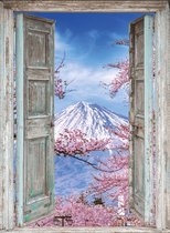 MuurMedia - Nature Collectie - Tuindoek Doorkijk - 95x130 cm – Fuji-Berg en kersenbloesems - tuinposter - tuin decoratie - tuinposters buiten – tuinschilderij