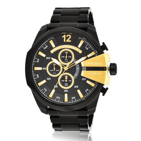 Zwart Diesel Mega Chief herenhorloge met gouden wijzerplaat, wijzers, subdials en gouden kroon.