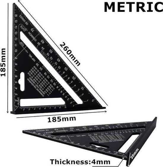Omnium - Carré - Driehoek métrique - Speed Square - Crochet d'écriture - Crochet de bloc - Crochet à onglet - Triangle de mesure 5 en 1 - Zwart