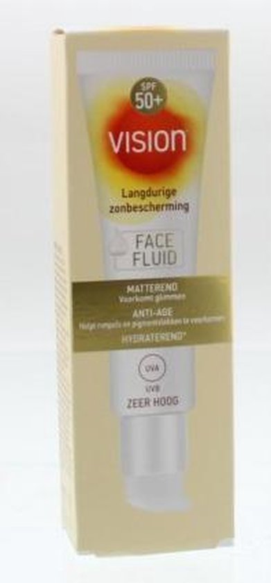 Vision Face Fluid SPF 50+ zonnebrandcrème in tube en doosje. "Langdurige zonbescherming", "Matterend", "Anti-Age", "Hydraterend".