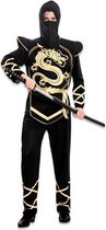Ninja pak zwart/goud 3 delig: shirt met borststuk, broek en hoofdkap maat M/L
