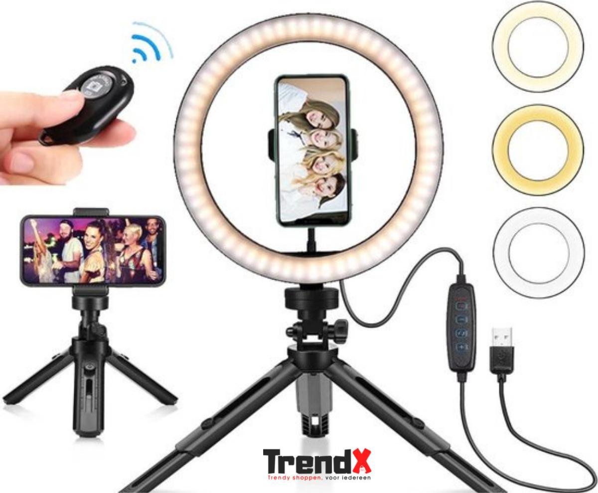 Smartphone Statief - Tafel Ringlamp - TikTok Youtube selfie lamp- Ringlight met Statief - Ring Light Lamp - incl. Bluetooth Afstandsbediening- Diameter van 30 cm