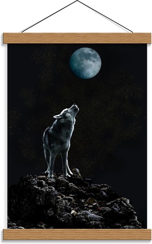 Schoolplaat – Huilende Wolf bij Maan op Rots - 30x40cm Foto op Textielposter (Wanddecoratie op Schoolplaat)