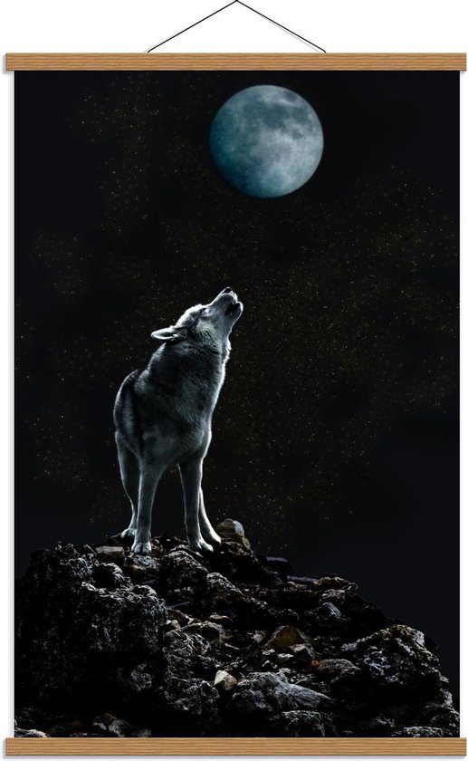 Schoolplaat – Huilende Wolf bij Maan op Rots - 60x90cm Foto op Textielposter (Wanddecoratie op Schoolplaat)