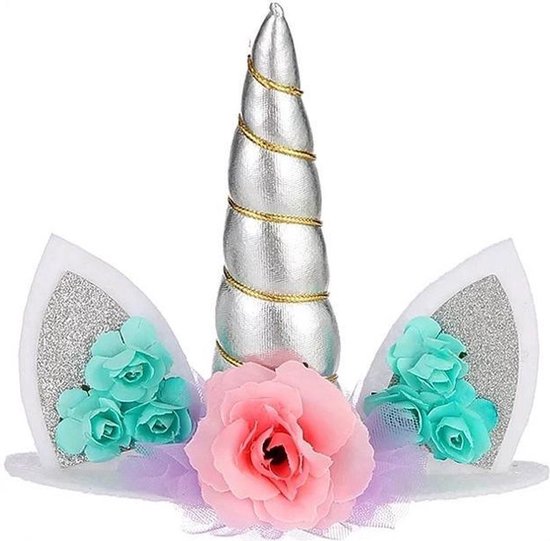Zilveren eenhoorntoeter met witte glitteroren, versierd met roze en turkoois bloemen.