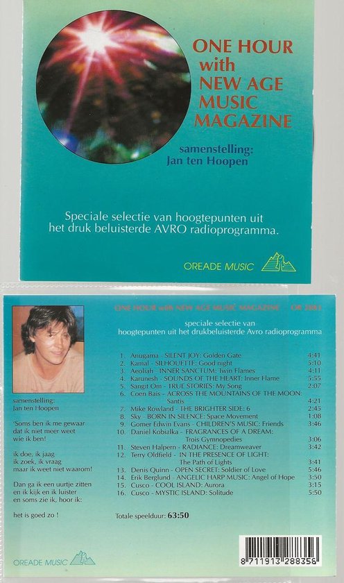 Boekomslag van 'ONE HOUR with NEW AGE MUSIC MAGAZINE' met een foto van Jan ten Hoopen. Tekst met titel en tracklist.