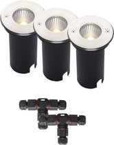 (Complete set) - 3 x LED grondspot Faro IP67 - 10 watt - 230v - Warmwit licht - & - 2 x Kabelverbinder T waterdicht | Tuinverlichting | Buiten spots | Buiten verlichting | LED tuinverlichting