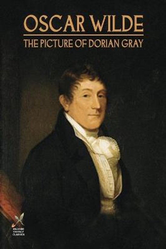 Boekomslag: Oscar Wilde, The Picture of Dorian Gray, met een schilderij van een man met donker haar in een zwart pak en een wit overhemd.