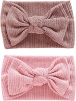 2 stuks - Brede Gebreide baby meisje haarbandjes met strik 2-9 maanden - roze en taupe - brede hoofdbandjes