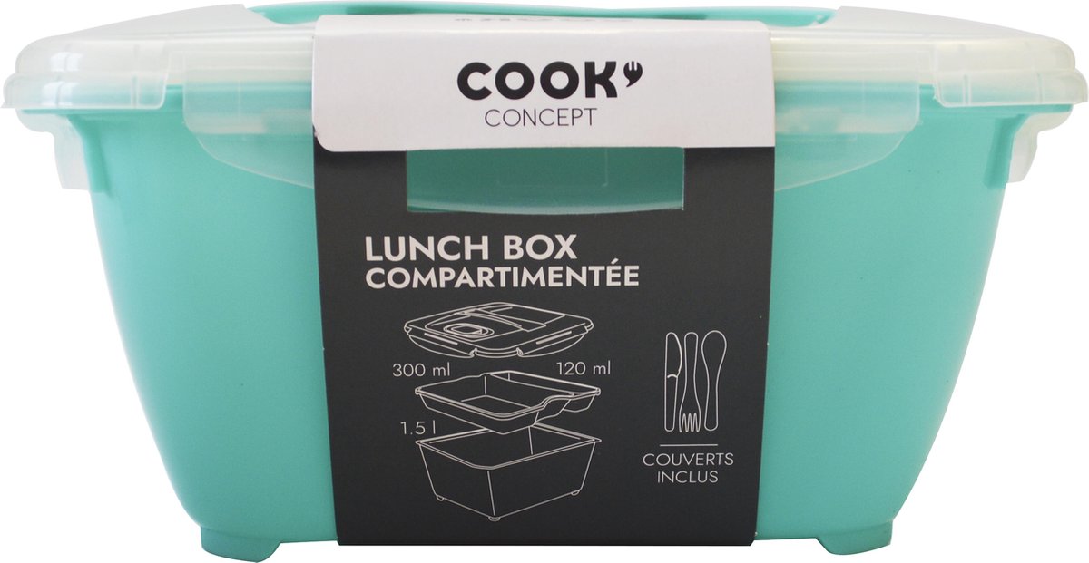 Lunchbox - snackbox klip deksel - 1,5L - BESTEK - 3 verschillende compartimenten - brood - fuit - salade - BLAUW volwassenen - kinderen