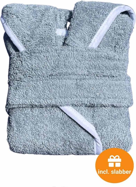 Babybadjas met capuchon – blauw/grijs (denim) – baby badjas gender neutraal – baby badjas meisje – baby badjas jongen – kraamcadeau – 100% badstof katoen – incl. slabbetje - luxe baby badjas mét roomwitte bies - maat 1-2 jaar (92) — afbeelding 3