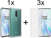 OnePlus 8 hoesje shock proof case transparant - 3x Beschermglas OnePlus 8 Screenprotector Full Glue