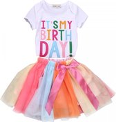 Tweedelige 2e verjaardag set It's my Birthday met kleurrijke tutu en wit shirt met erop geborduurde letters - tweede verjaardag - cakesmash - 1e verjaardag