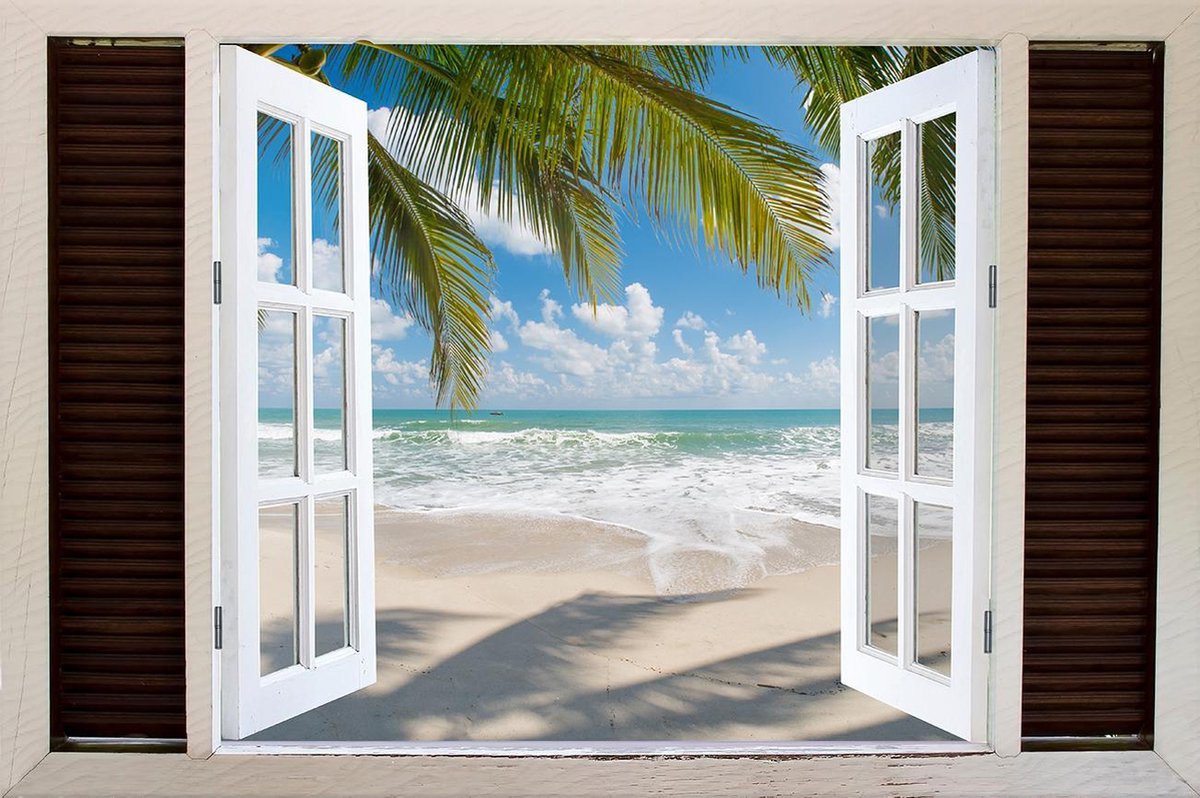 Tuindoek doorkijk openslaand venster naar een Tropisch / Eiland / Strand - 150x100cm - tuinposter - tuinposter doorkijkje – Doorkijk tuinposter - tuinposter doorkijk XL – Tuinposter Voor Buiten
