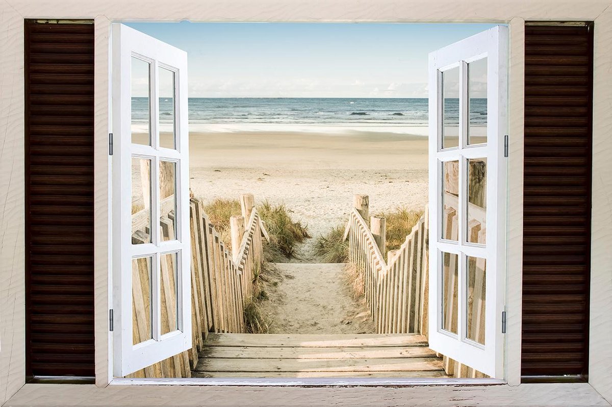 Tuindoek doorkijk openslaand venster naar een Tropisch / Eiland / Strand - 150x100cm - tuinposter - tuinposter doorkijkje – Doorkijk tuinposter - tuinposter doorkijk XL – Tuinposter Voor Buiten