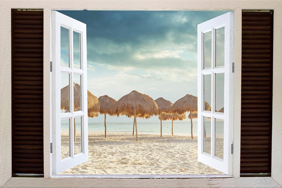 Tuindoek doorkijk door openslaand venster naar een Tropisch / Eiland / Strand - 150x100cm - tuinposter - tuinposter doorkijkje – Doorkijk tuinposter - tuinposter doorkijk XL – Tuinposter buiten met een zee, strand en palmbomen