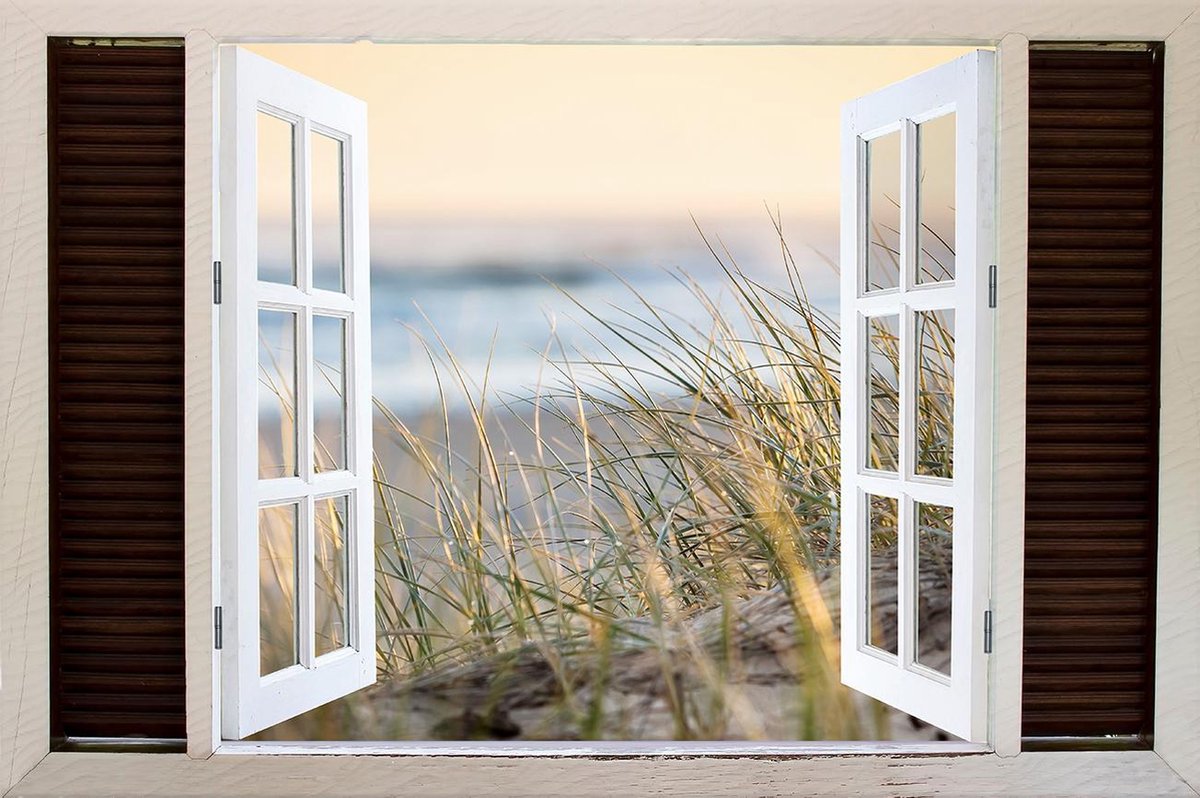 Tuindoek doorkijk openslaand venster naar een Tropisch / Eiland / Strand - 150x100cm - tuinposter - tuinposter doorkijkje – Doorkijk tuinposter - tuinposter doorkijk XL – Tuinposter Voor Buiten