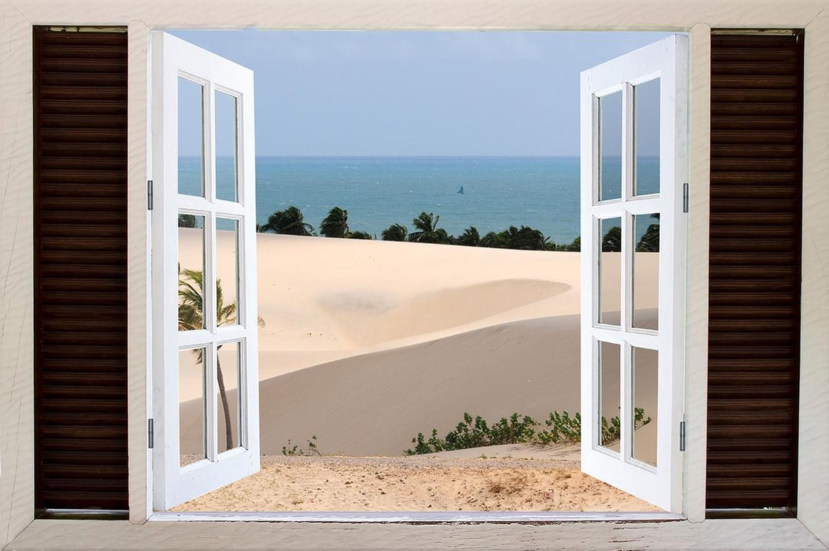 Tuindoek doorkijk openslaand venster naar een Tropisch / Eiland / Strand - 150x100cm - tuinposter - tuinposter doorkijkje – Doorkijk tuinposter - tuinposter doorkijk XL – Tuinposter Voor Buiten