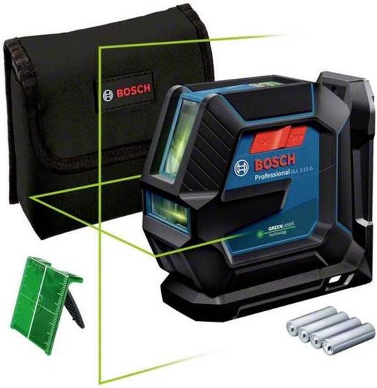 Bosch Professional GLL 2-15 G - Kruislijnlaser Groen - Incl Opbergtas - Batterijen - Laserrichtbord
