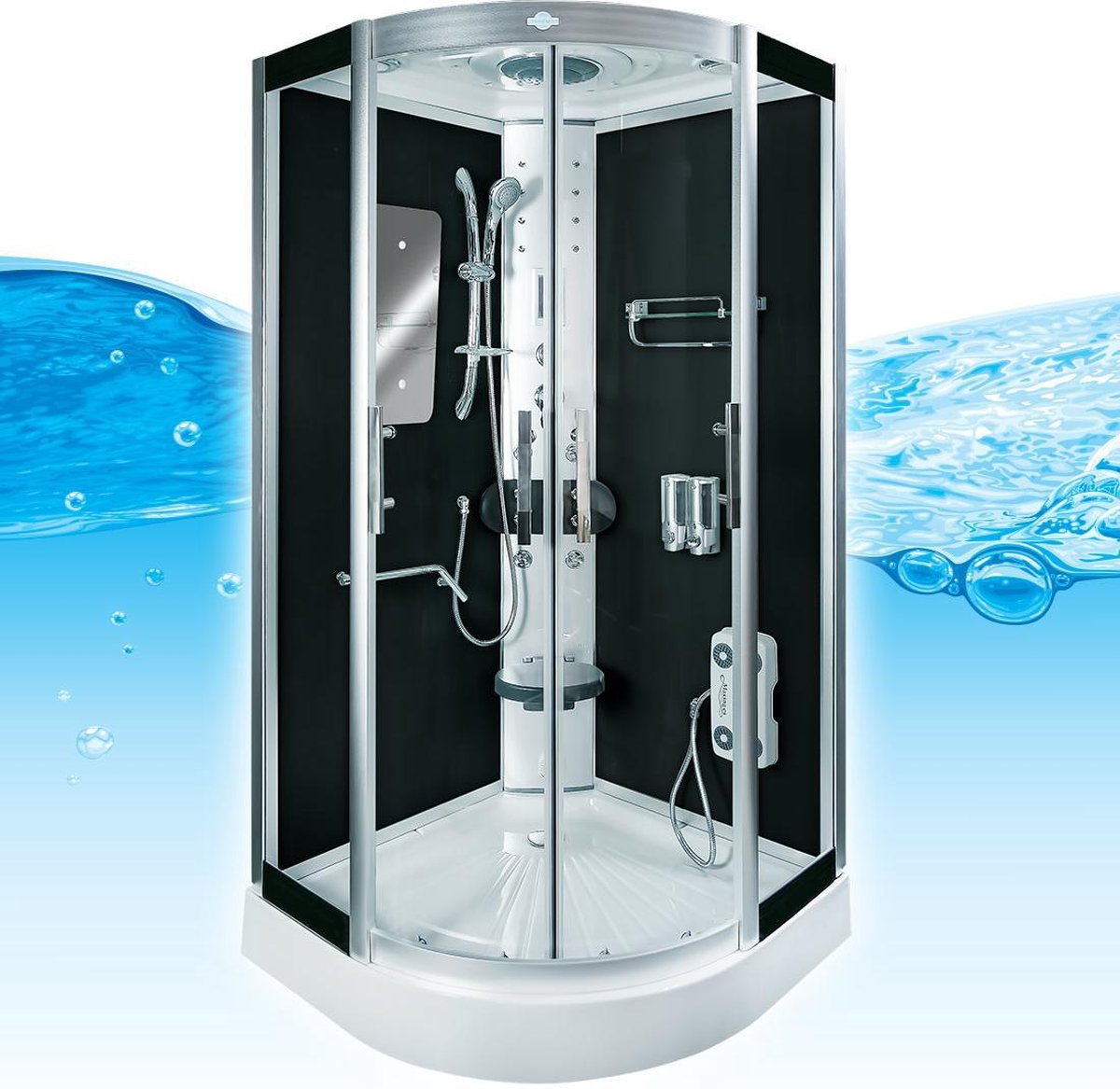 Complete Gesloten Douchecabine 90X90X215 Fiona. THERMOSTAATKRAAN. Luxe, Kit-Vrij, Zwart, Veiligheidsglas, LED, Radio, Speakers, Zitje, Massage, Hoekmodel, Kwartrond, Schuifdeuren, Douchebak, Afvoer, Sifon, A Kwaliteit, Full Options. Royal Sanitair