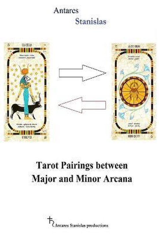 Twee tarotkaarten met een pijl ertussen: links een Egyptische godin met een zonneschijf, rechts een ronde afbeelding met een mestkever.