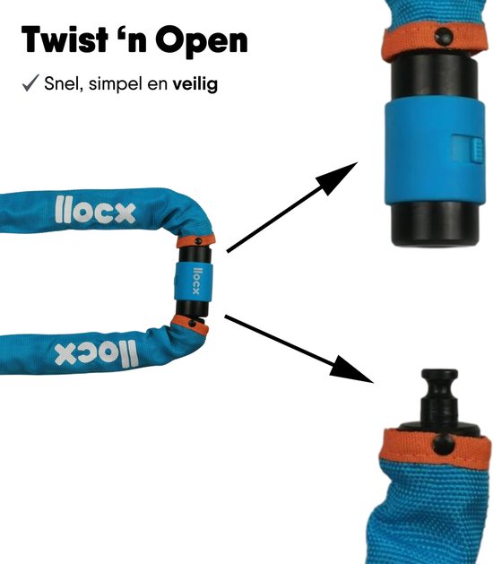 Blauw kettingslot met oranje accenten, met de tekst "Ilocx". Twist 'n Open.