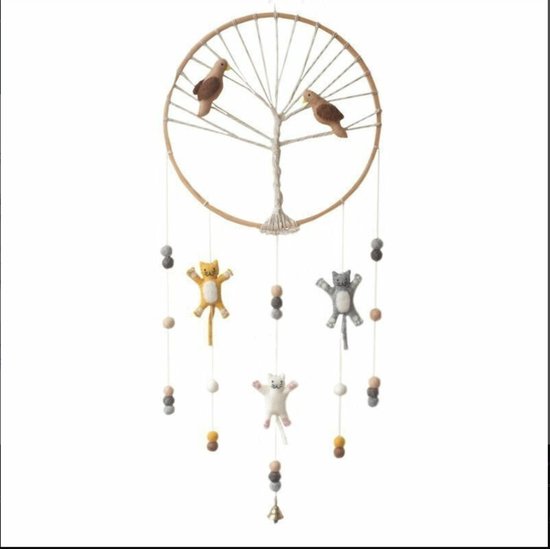 Dromenvanger met boom, twee bruine vogels, gele, grijze en witte katjes en grijze, witte en gele kralen.