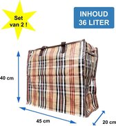 Big Shoppers met rits M - Set van 2 - 45 x 40 cm - Ruit Beige