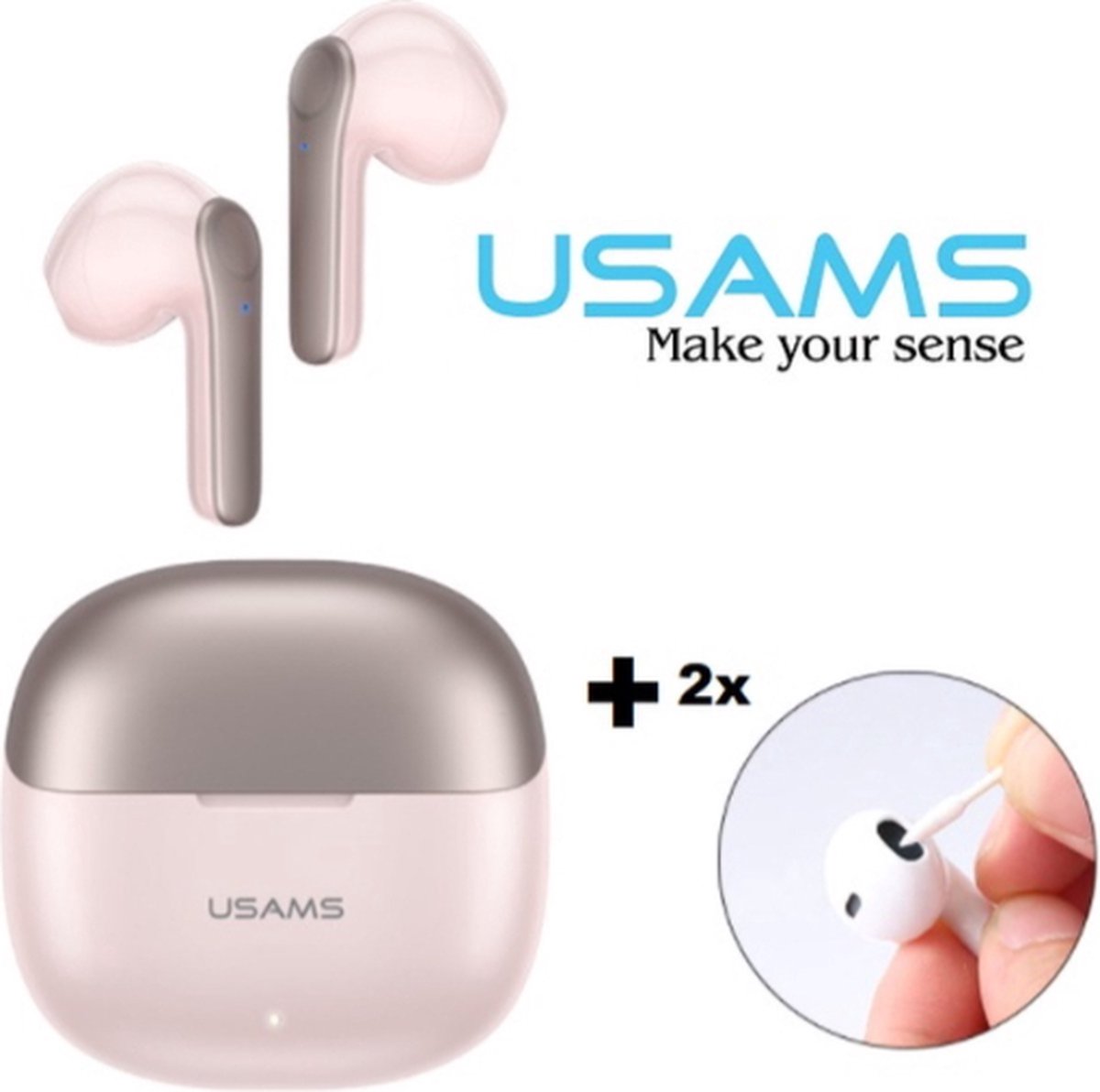 Usams Xh09 PRO + 2x wattenstaaf - 5.1 Bluetooth - NOISE CANCELLING - Earpods - draadloze oordopjes - Airbuds - Geschikt voor Apple en Android - Roze
