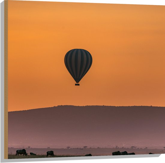 WallClassics - Hout - Blauw met Witte Luchtballon boven Veld vol Bizons - 80x80 cm - 9 mm dik - Foto op Hout (Met Ophangsysteem)