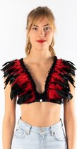 KIMU® Ressorts top noir rouge - XS SM - plume top burlesque top plumes sexy harnais plume top feu oiseau costume