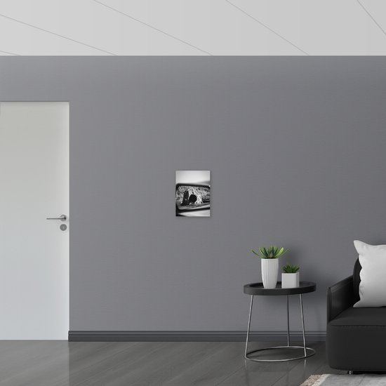 WallClassics - Bois - Photographe dans un miroir de voiture (noir et blanc) - 30x40 cm - 9 mm d'épaisseur - Photo sur bois (avec système de suspension)