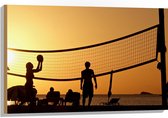 Hout - Silhouet van Gelukkig Familie op het Strand tijdens Volleybal - 90x60 cm - 9 mm dik - Foto op Hout (Met Ophangsysteem)