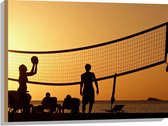 Hout - Silhouet van Gelukkig Familie op het Strand tijdens Volleybal - 80x60 cm - 9 mm dik - Foto op Hout (Met Ophangsysteem)