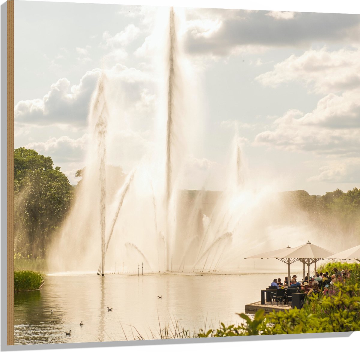 Hout - Waterfontein in een Meer - 100x100 cm - 9 mm dik - Foto op Hout (Met Ophangsysteem)