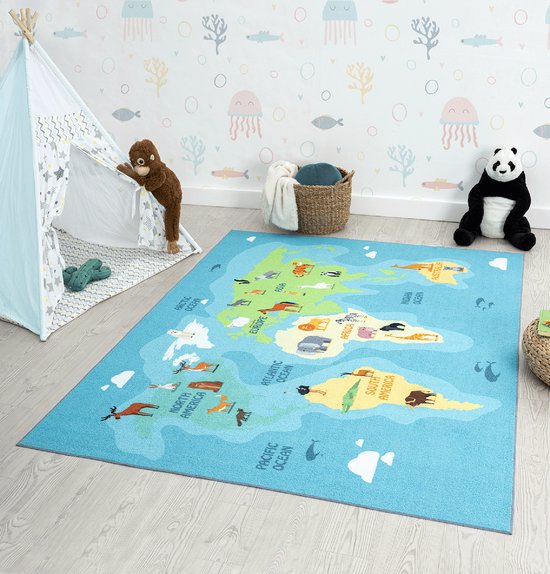 Vloerkleed kinderkamer - Blauw - 140x200 cm - Afwasbaar - Antislip - Tapijt voor jongens en meisjes met dieren en wereldkaart - Happy Life by the carpet