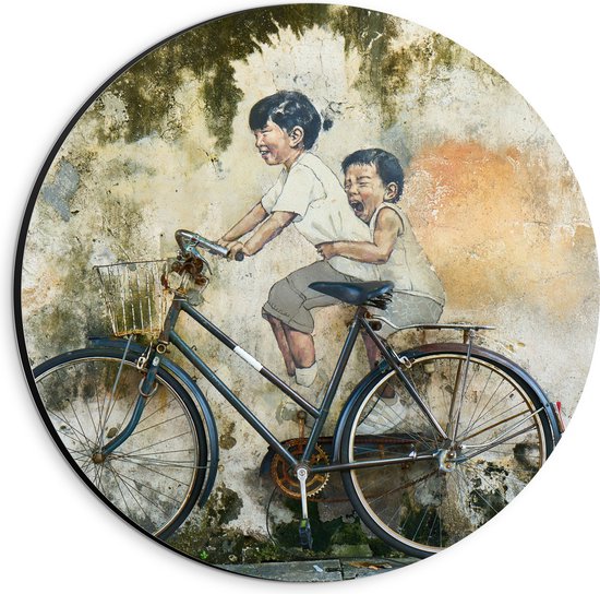 WallClassics - Dibond Muurcirkel - Muurschildering van Twee Broertjes op een Fiets - 20x20 cm Foto op Aluminium Muurcirkel (met ophangsysteem)