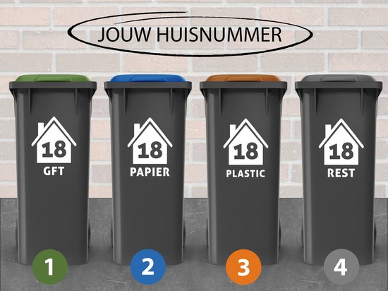Container Stickers - Voordeelset 4 stuks - 15x20 cm - Sticker voor Afvalcontainer - Klikosticker - Huisje met Huisnummer en Tekst: Plastic, Papier, GFT en Restafval - Kleurmedia.nl®